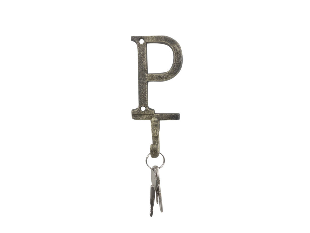 Rustic Gold Cast Iron Letter P Alphabet Wall Hook 6"