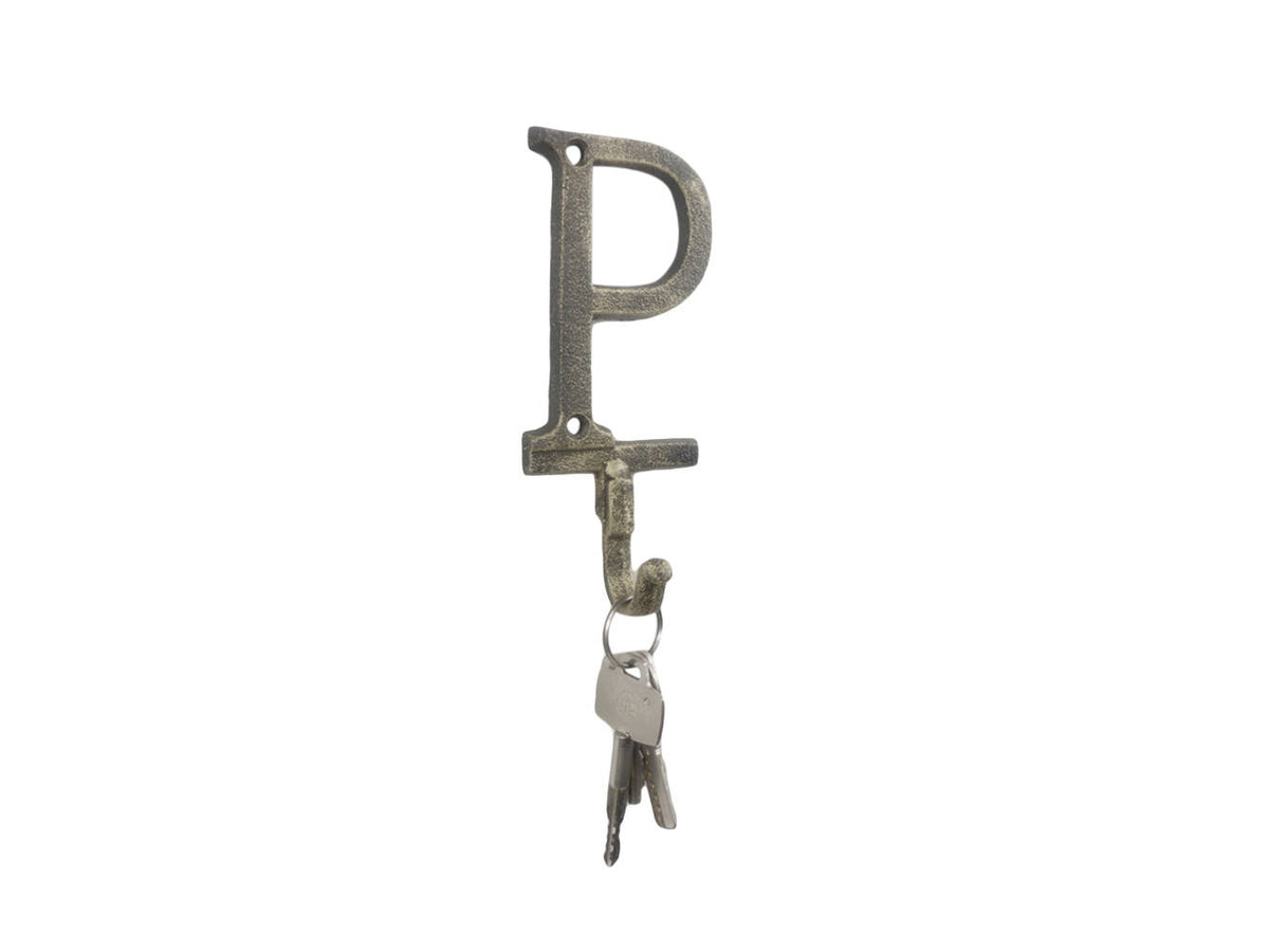 Rustic Gold Cast Iron Letter P Alphabet Wall Hook 6"