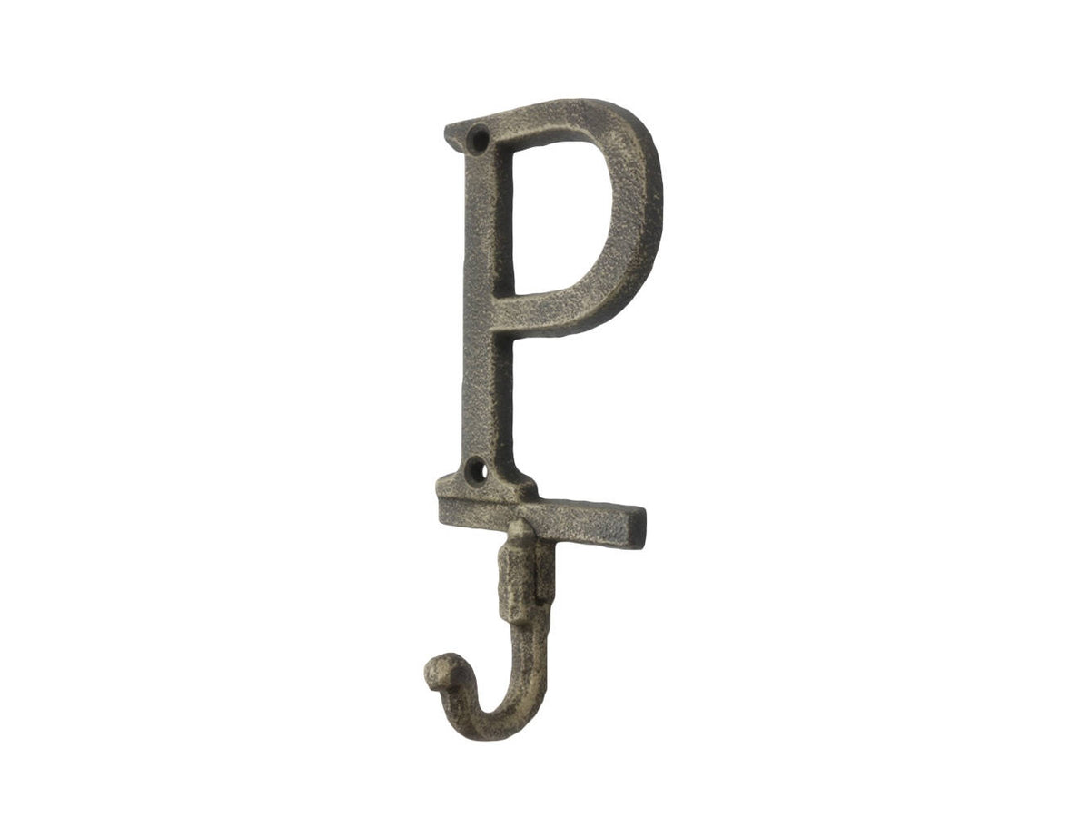 Rustic Gold Cast Iron Letter P Alphabet Wall Hook 6"