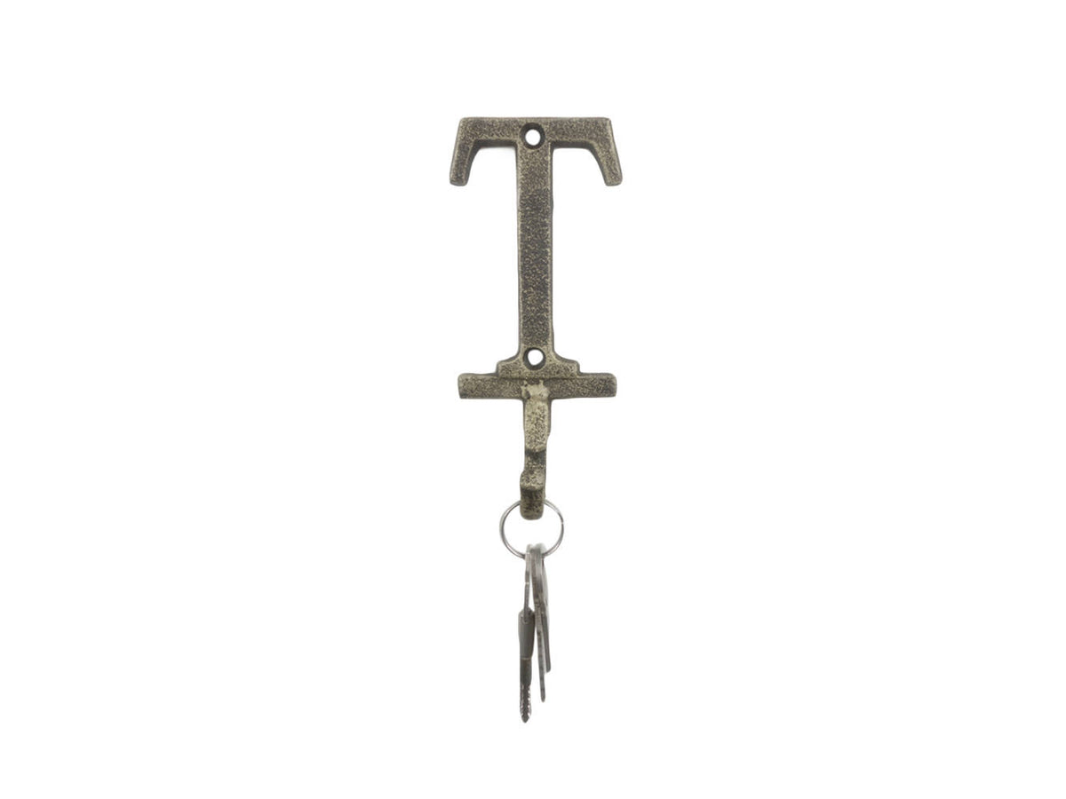 Rustic Gold Cast Iron Letter T Alphabet Wall Hook 6"