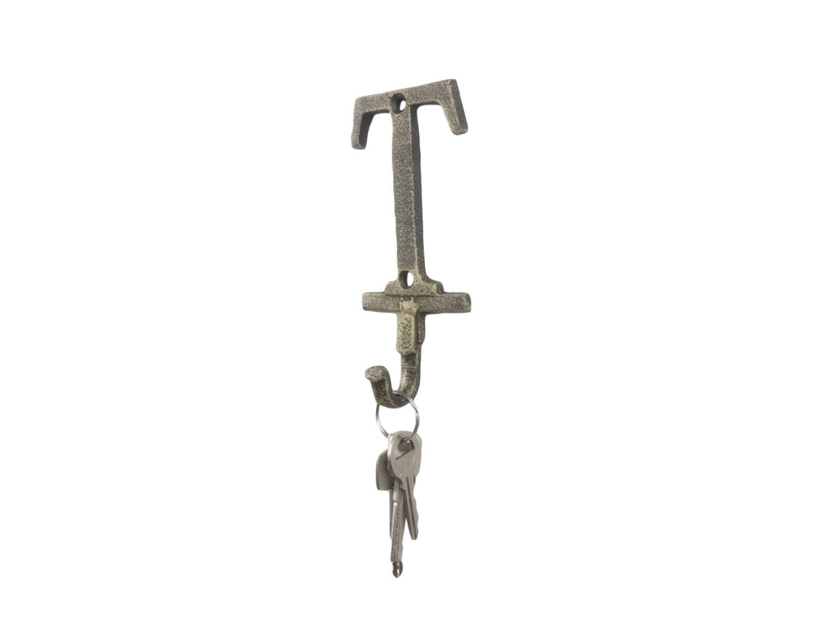 Rustic Gold Cast Iron Letter T Alphabet Wall Hook 6"