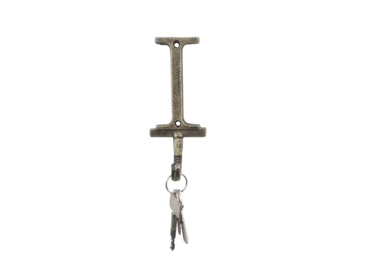 Rustic Gold Cast Iron Letter I Alphabet Wall Hook 6"