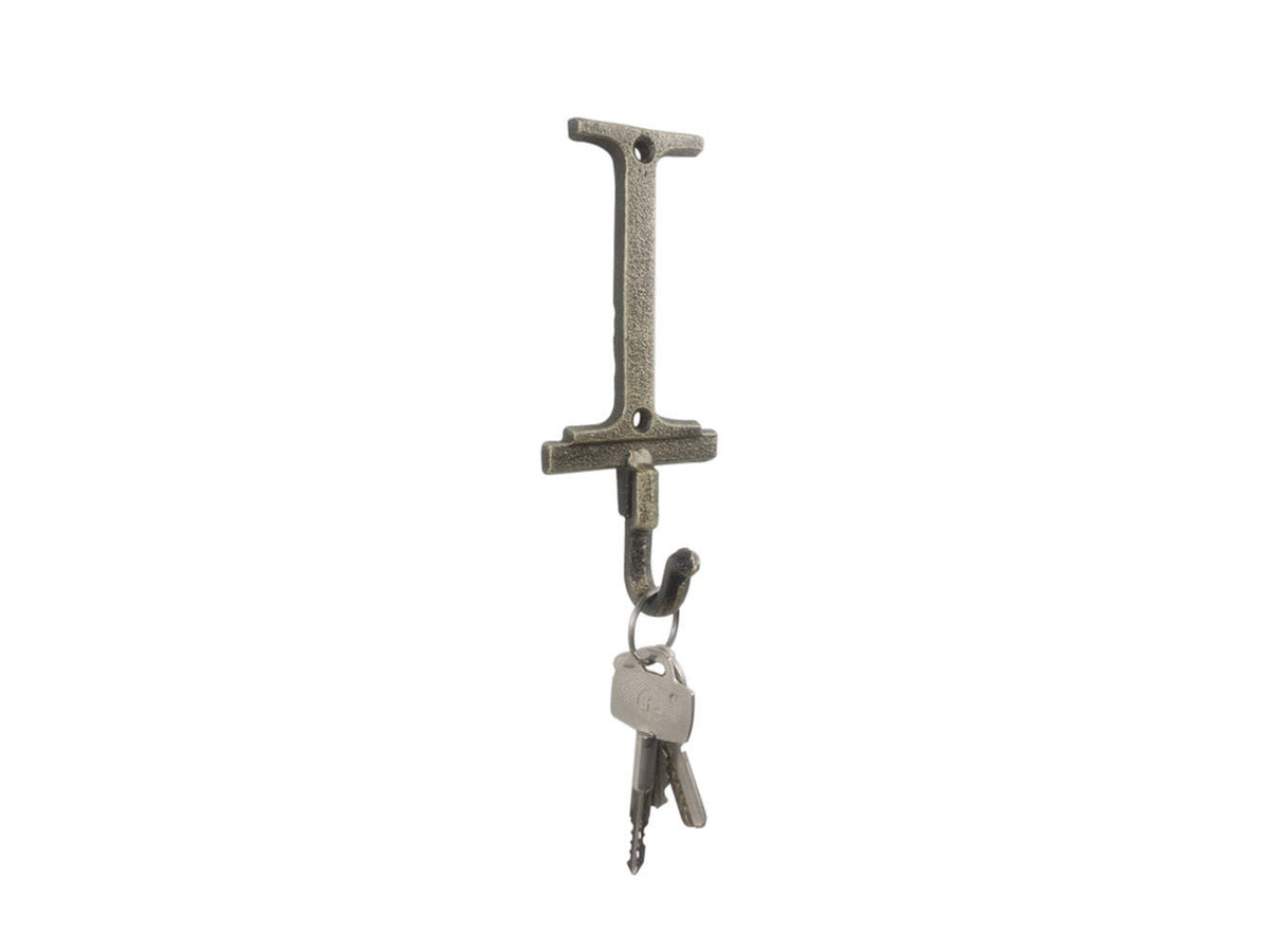Rustic Gold Cast Iron Letter I Alphabet Wall Hook 6"