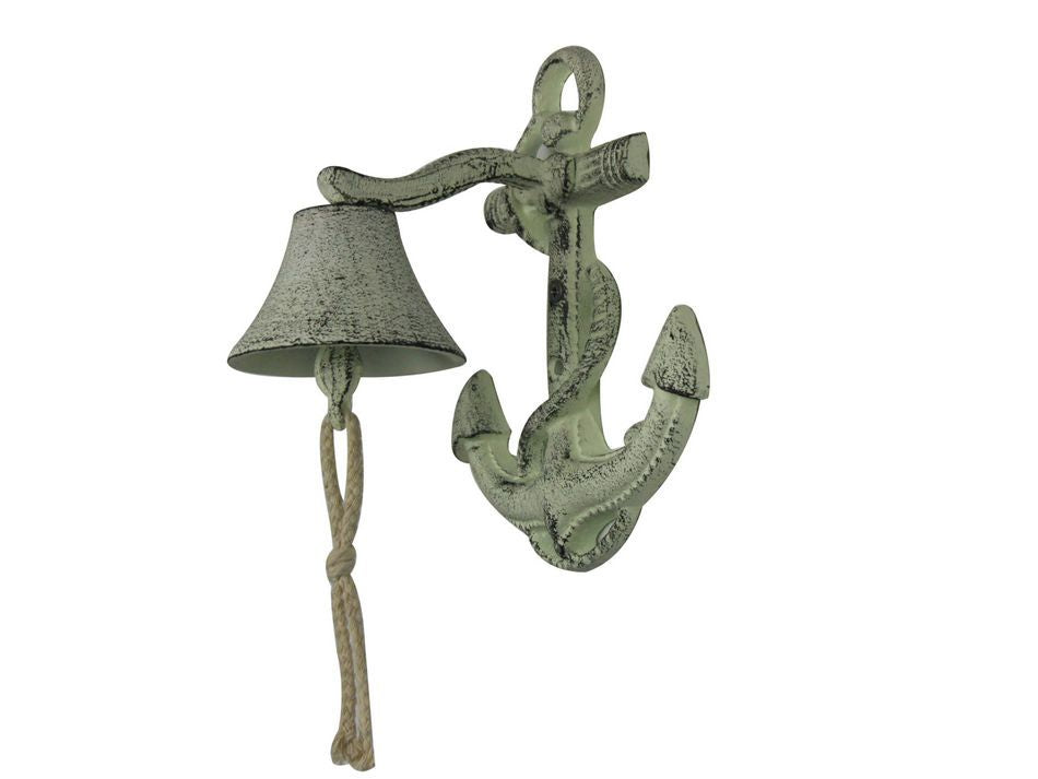 Rustic Whitewashed Cast Iron Wall Mounted Anchor Bell 8"