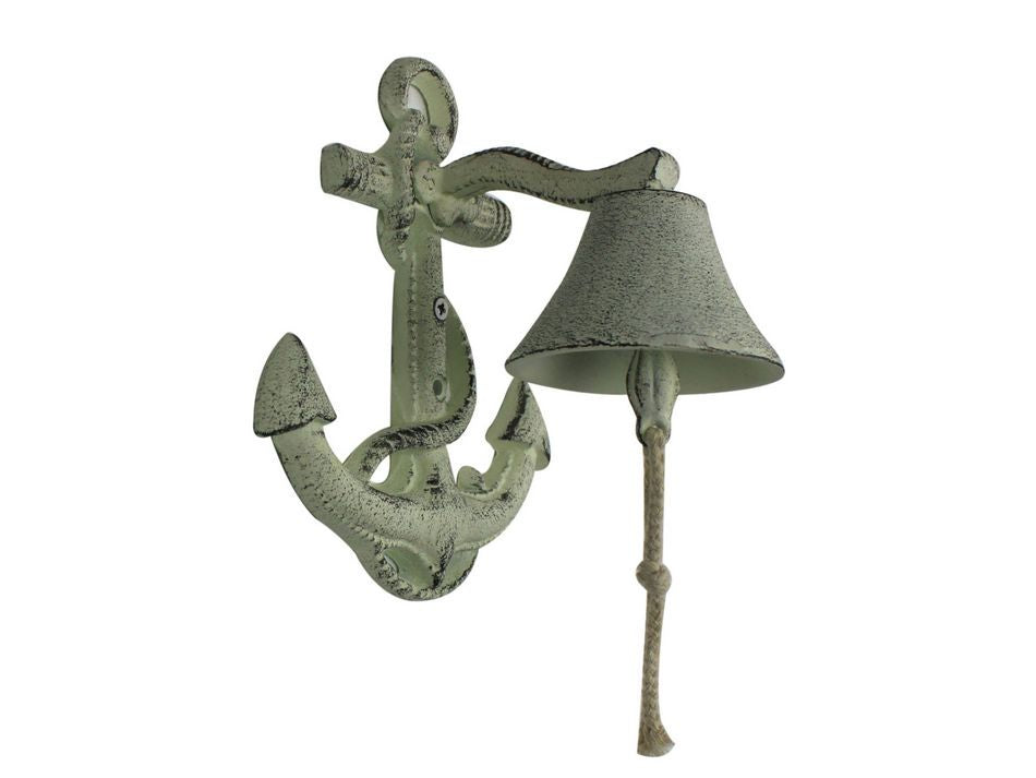 Rustic Whitewashed Cast Iron Wall Mounted Anchor Bell 8"