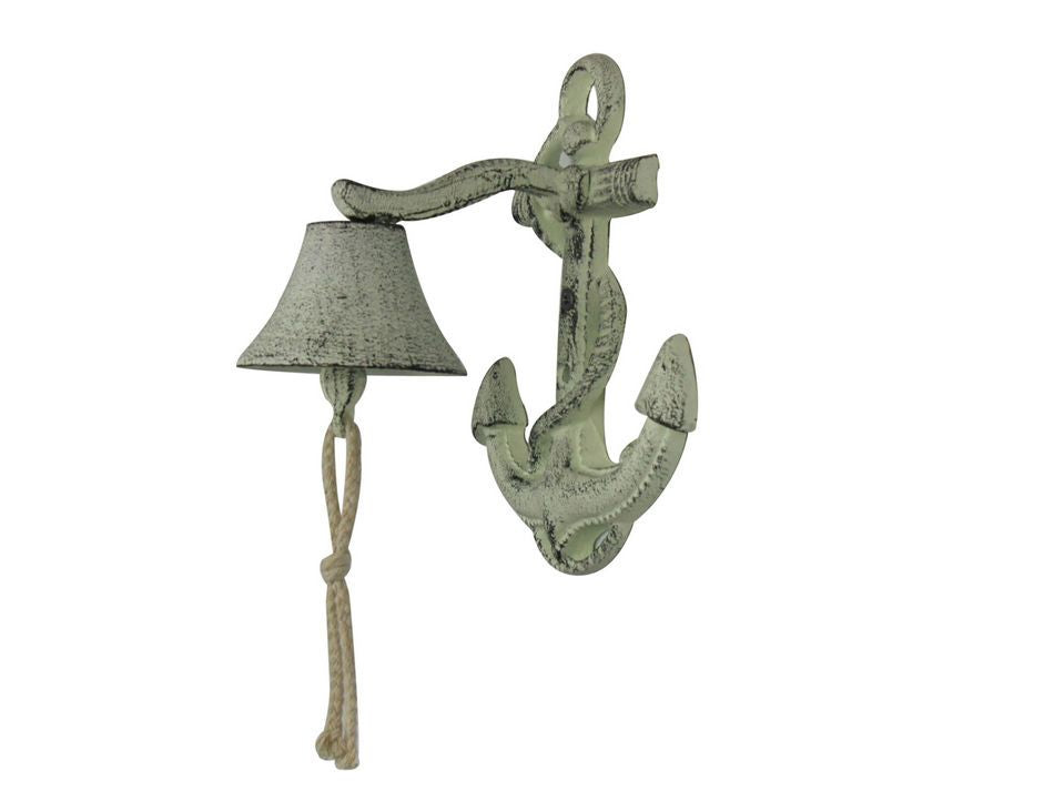 Rustic Whitewashed Cast Iron Wall Mounted Anchor Bell 8"