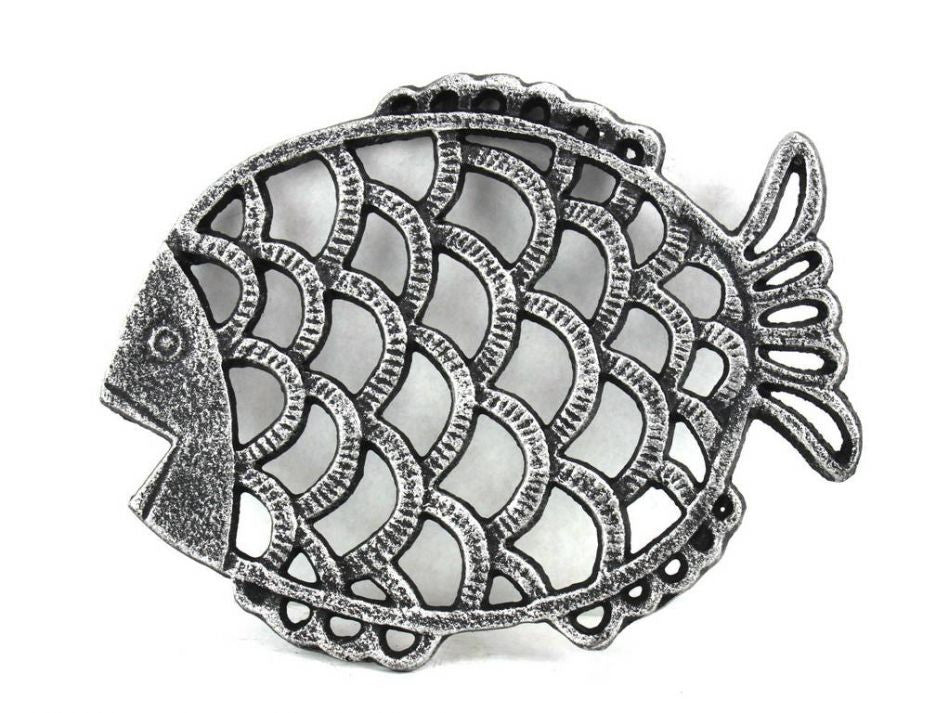 Antique Silver Cast Iron Big Fish Trivet 8"
