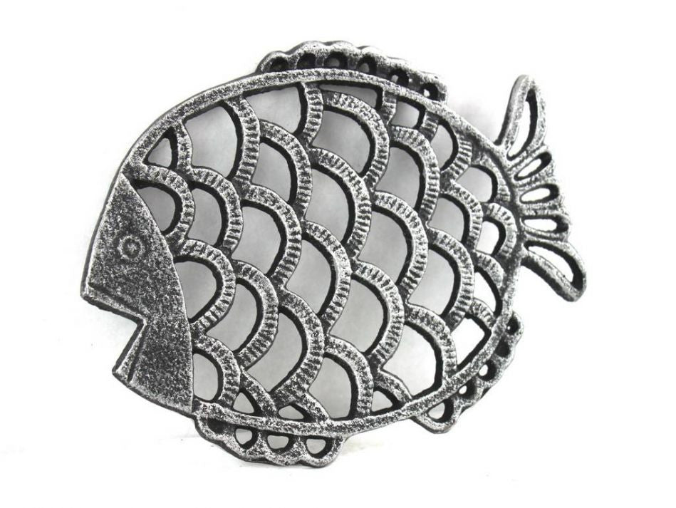 Antique Silver Cast Iron Big Fish Trivet 8"