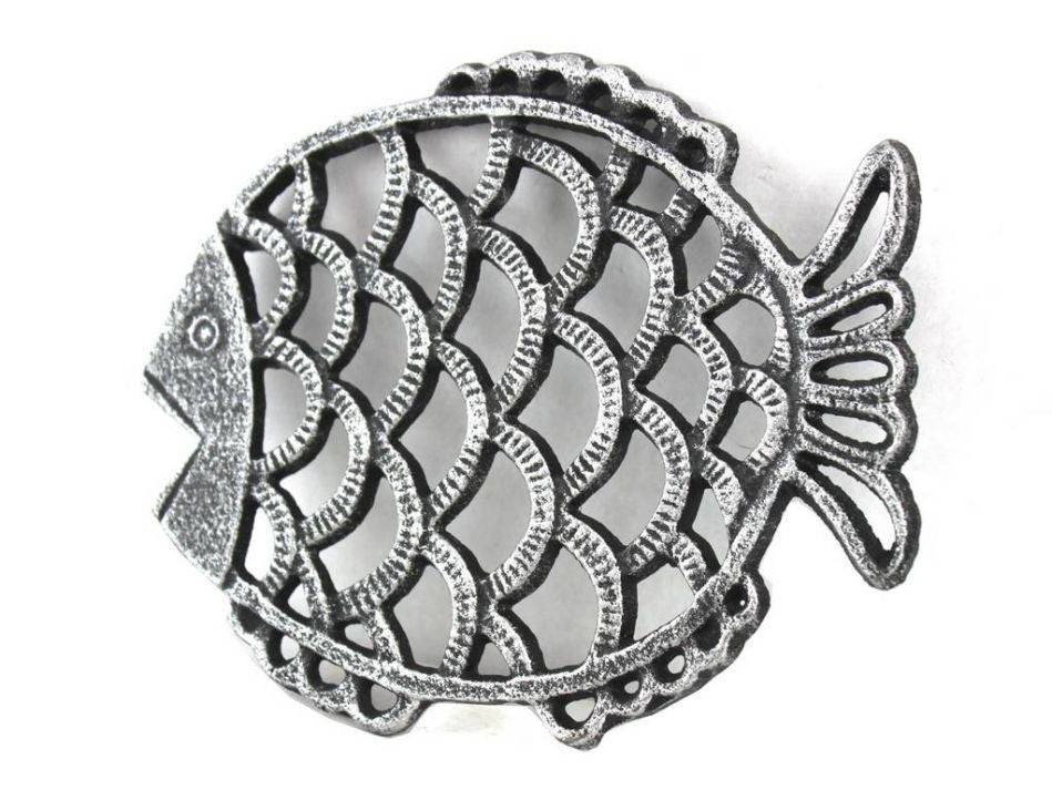 Antique Silver Cast Iron Big Fish Trivet 8"
