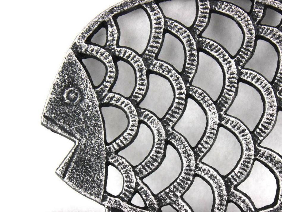 Antique Silver Cast Iron Big Fish Trivet 8"