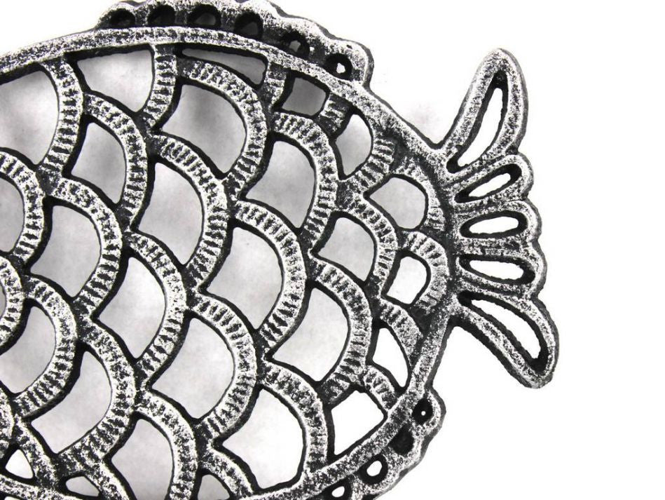 Antique Silver Cast Iron Big Fish Trivet 8"