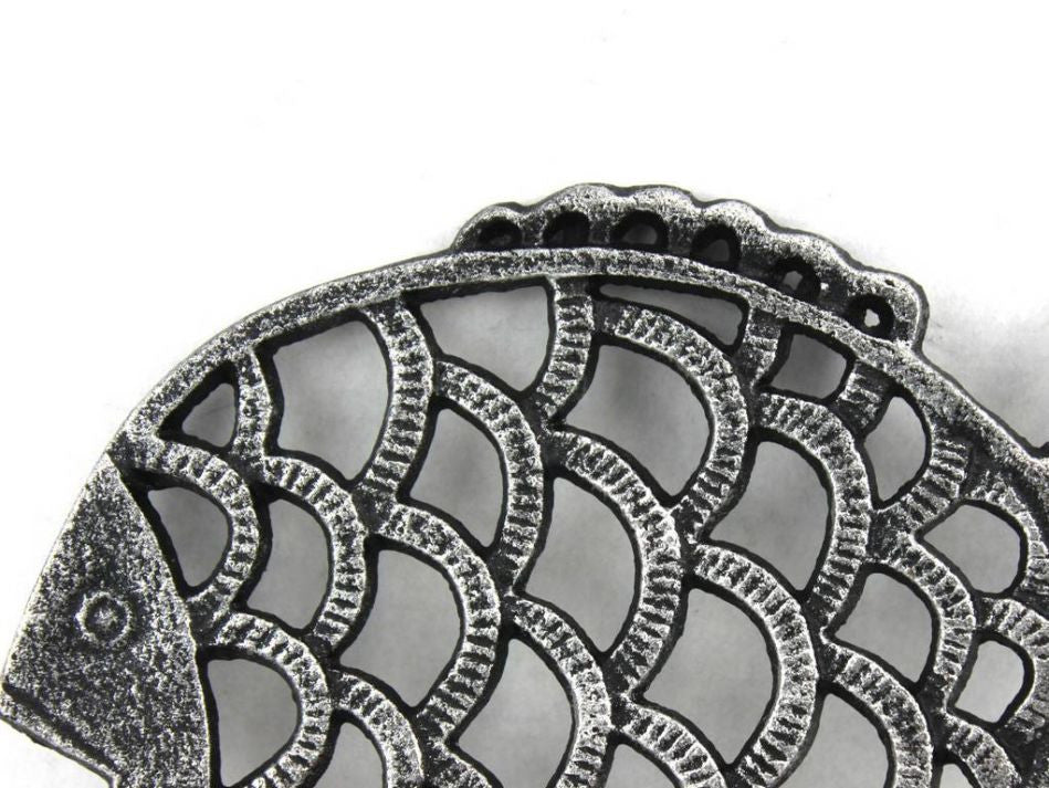 Antique Silver Cast Iron Big Fish Trivet 8"