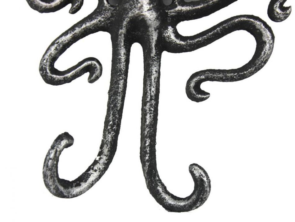 Antique Silver Cast Iron Decorative Wall Mounted Octopus Hooks 6"