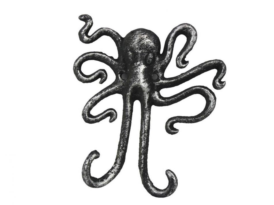 Antique Silver Cast Iron Decorative Wall Mounted Octopus Hooks 6"