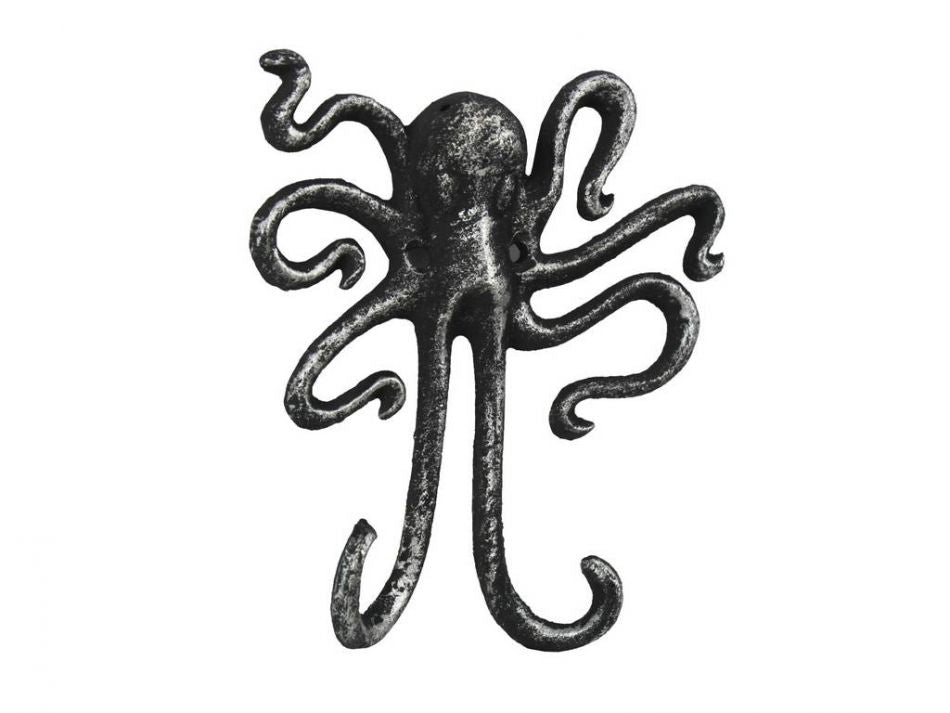 Antique Silver Cast Iron Decorative Wall Mounted Octopus Hooks 6"