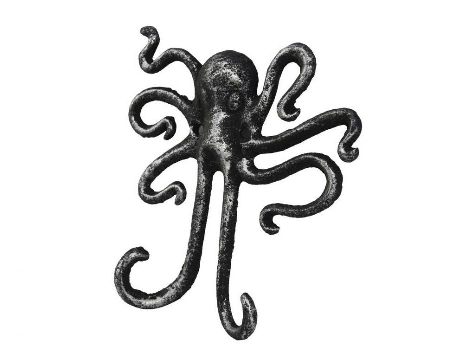 Antique Silver Cast Iron Decorative Wall Mounted Octopus Hooks 6"
