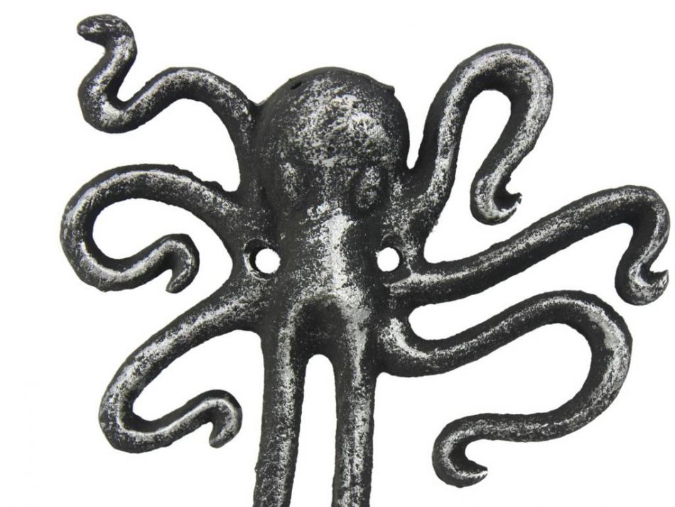 Antique Silver Cast Iron Decorative Wall Mounted Octopus Hooks 6"
