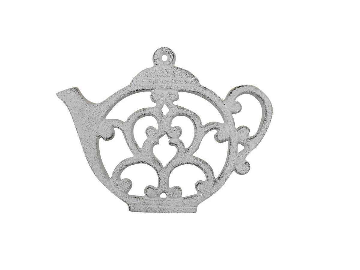 Whitewashed Cast Iron Round Teapot Trivet 8"