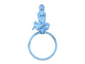 Rustic Dark Blue Whitewashed Cast Iron Mermaid Towel Holder 8.5"