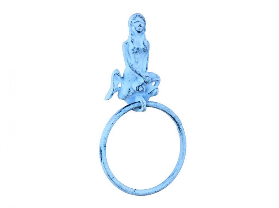 Rustic Dark Blue Whitewashed Cast Iron Mermaid Towel Holder 8.5"