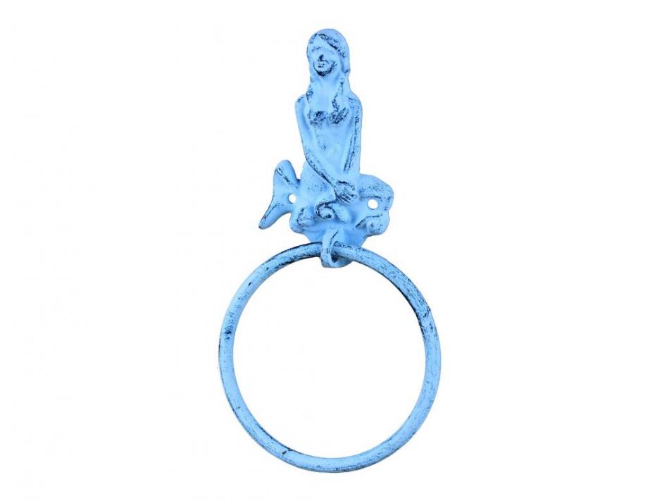 Rustic Dark Blue Whitewashed Cast Iron Mermaid Towel Holder 8.5"