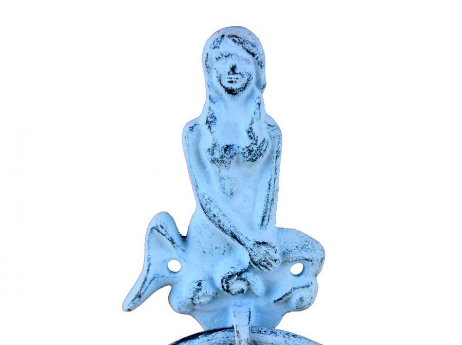 Rustic Dark Blue Whitewashed Cast Iron Mermaid Towel Holder 8.5"
