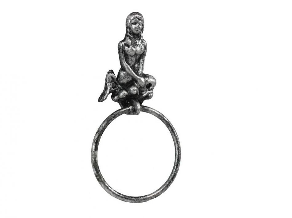 Antique Silver Cast Iron Mermaid Towel Holder 8.5"