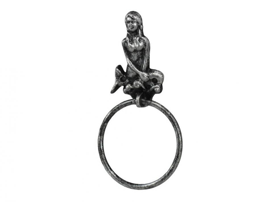 Antique Silver Cast Iron Mermaid Towel Holder 8.5"