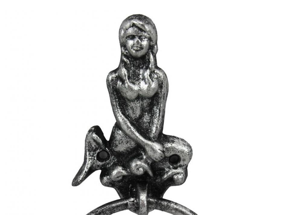 Antique Silver Cast Iron Mermaid Towel Holder 8.5"
