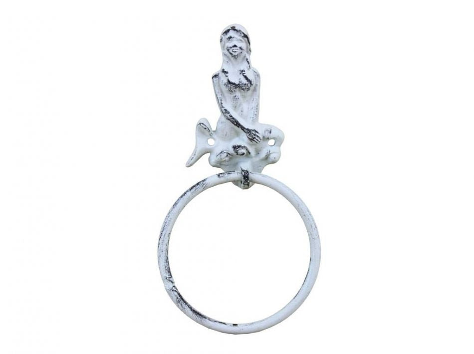 Rustic Whitewashed Cast Iron Mermaid Towel Holder 8.5"
