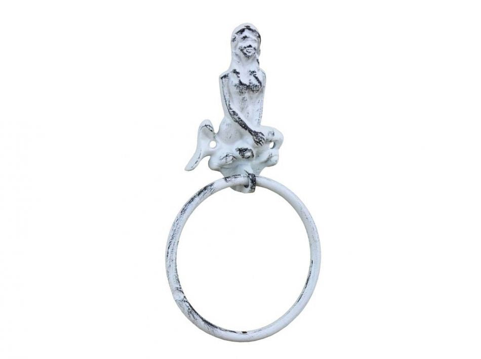 Rustic Whitewashed Cast Iron Mermaid Towel Holder 8.5"