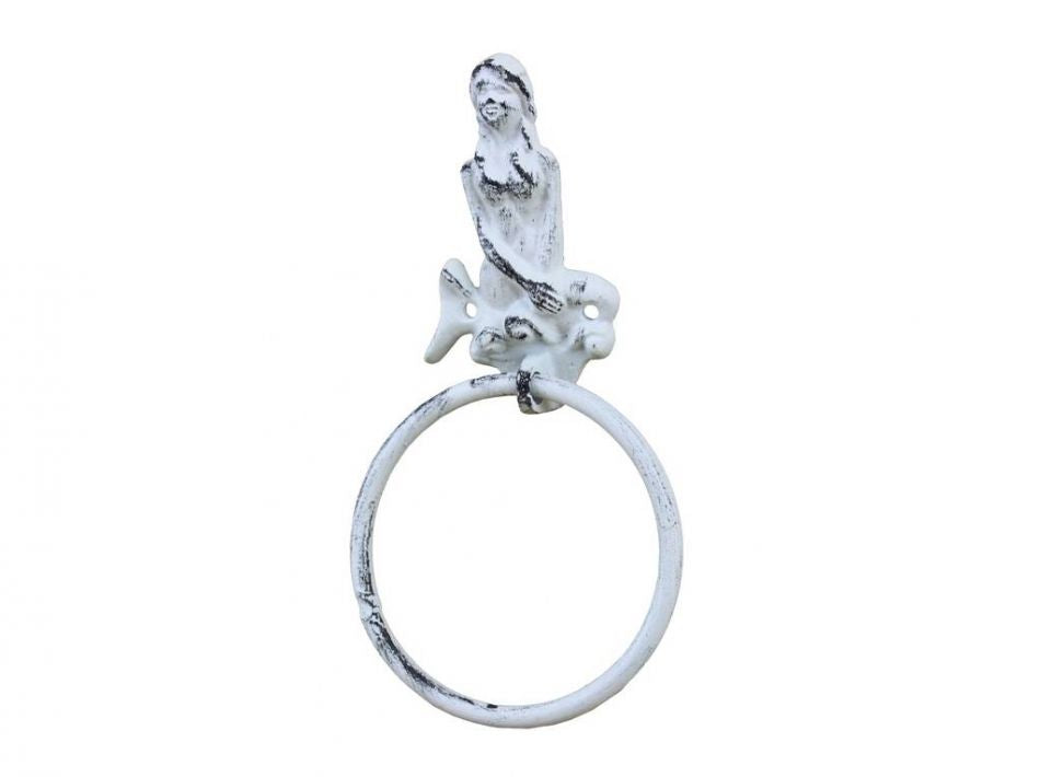 Rustic Whitewashed Cast Iron Mermaid Towel Holder 8.5"