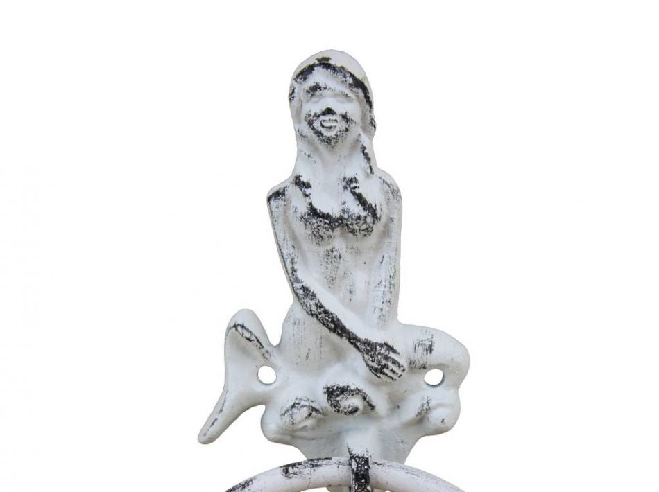 Rustic Whitewashed Cast Iron Mermaid Towel Holder 8.5"