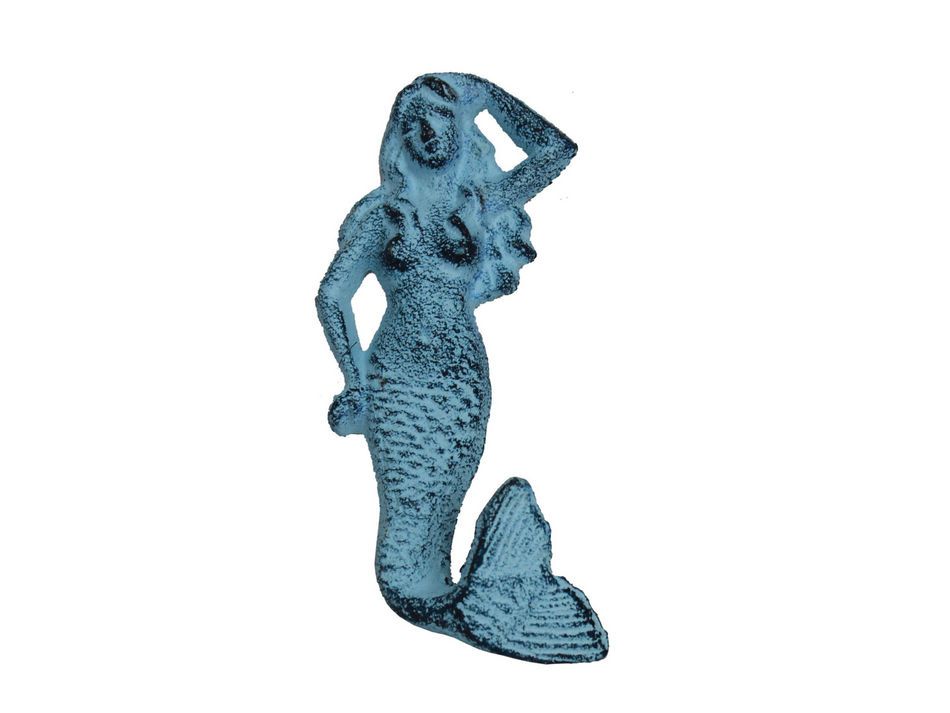 Rustic Dark Blue Whitewashed Cast Iron Mermaid Hook 6"