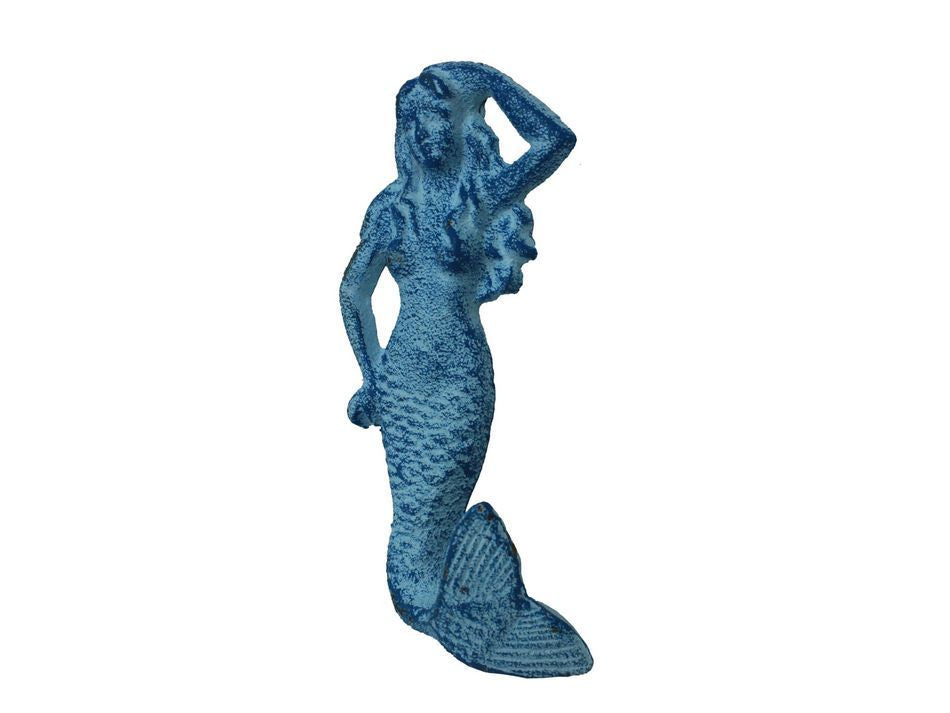 Rustic Light Blue Whitewashed Cast Iron Mermaid Hook 6"