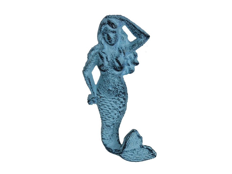 Rustic Dark Blue Whitewashed Cast Iron Mermaid Hook 6"