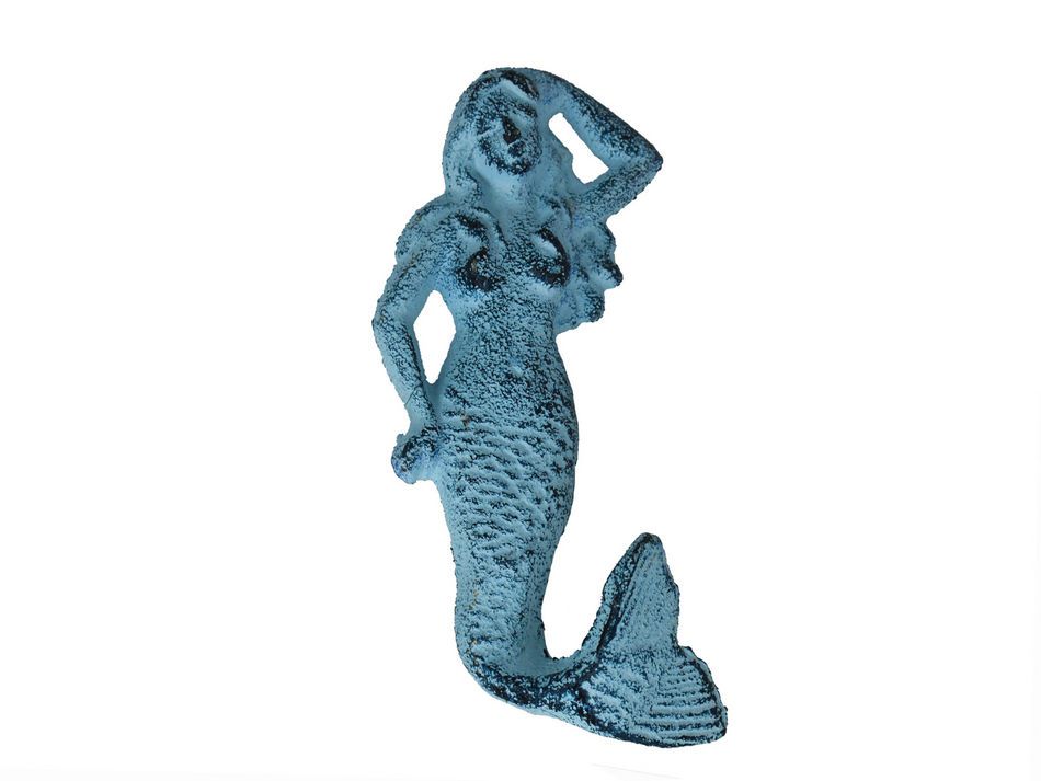 Rustic Dark Blue Whitewashed Cast Iron Mermaid Hook 6"