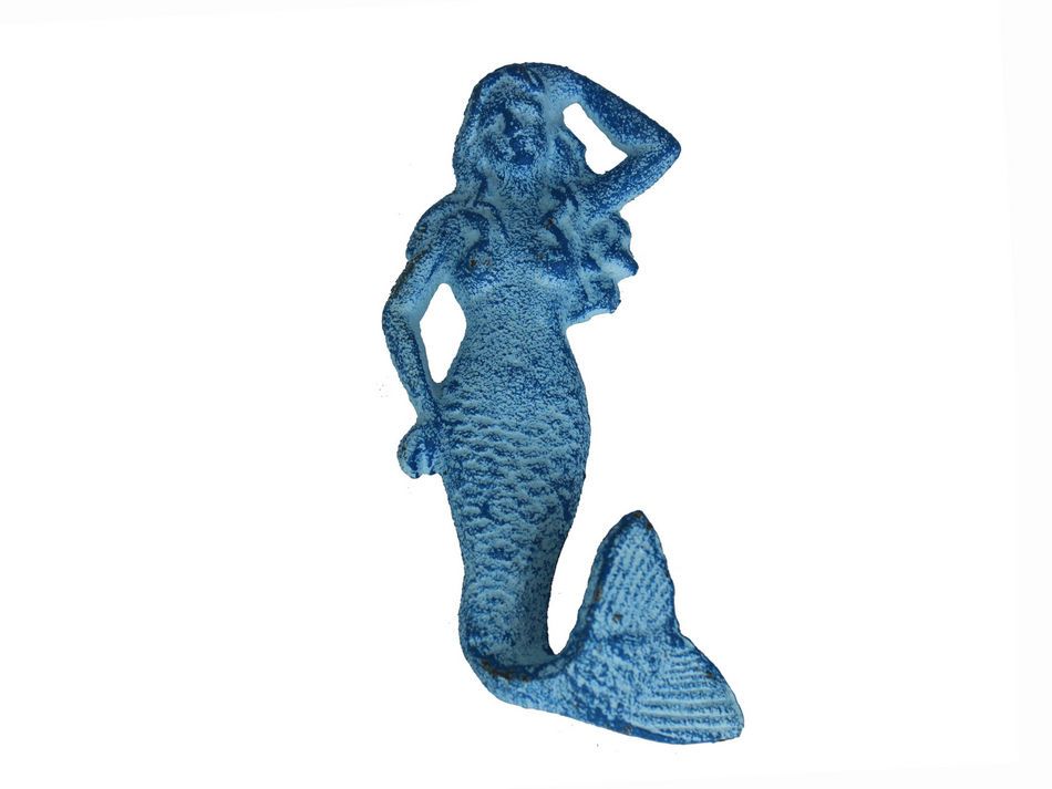 Rustic Light Blue Whitewashed Cast Iron Mermaid Hook 6"