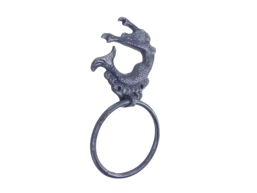 Rustic Dark Blue Cast Iron Arching Mermaid Towel Holder 9"