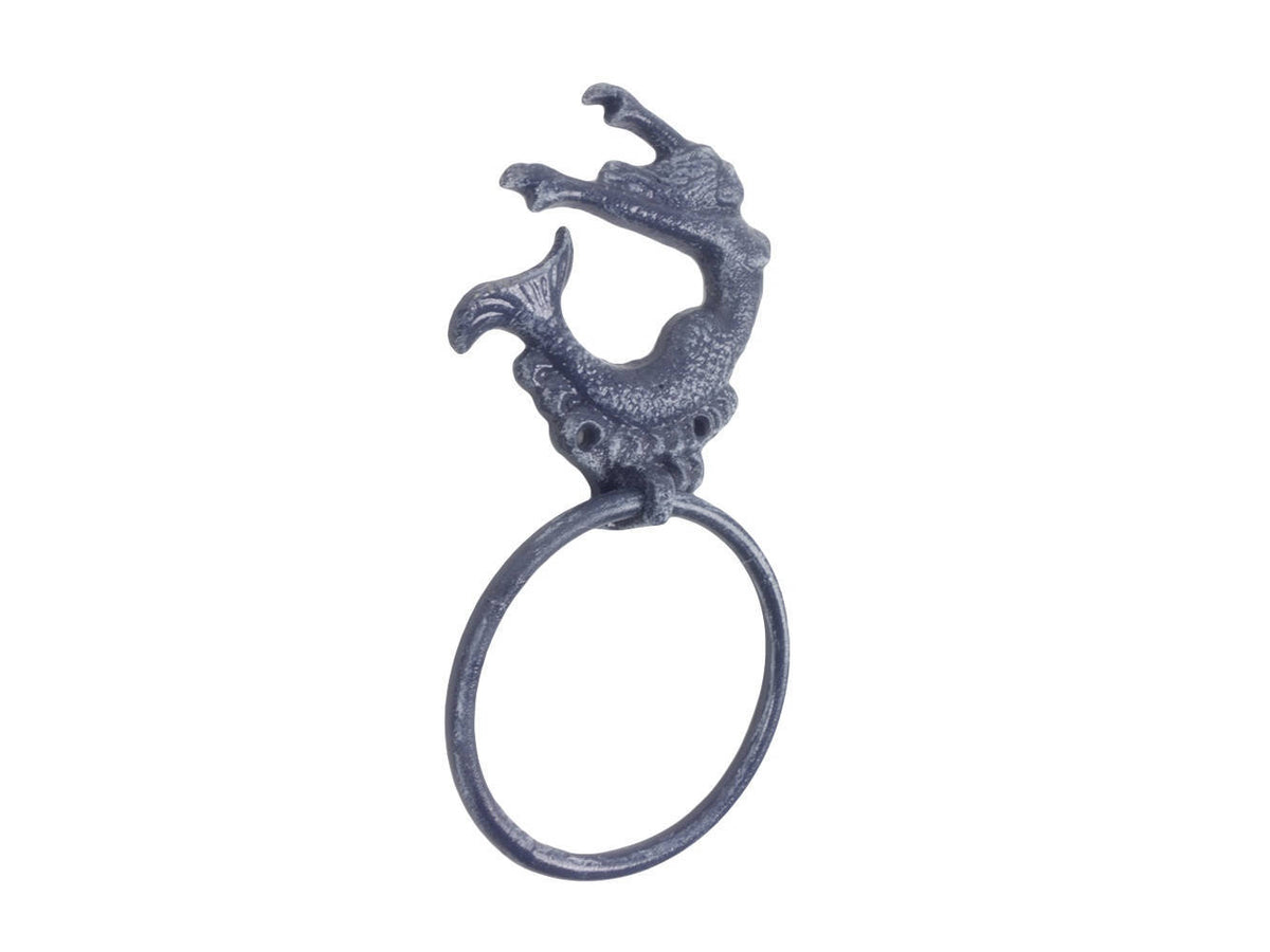 Rustic Dark Blue Cast Iron Arching Mermaid Towel Holder 9"