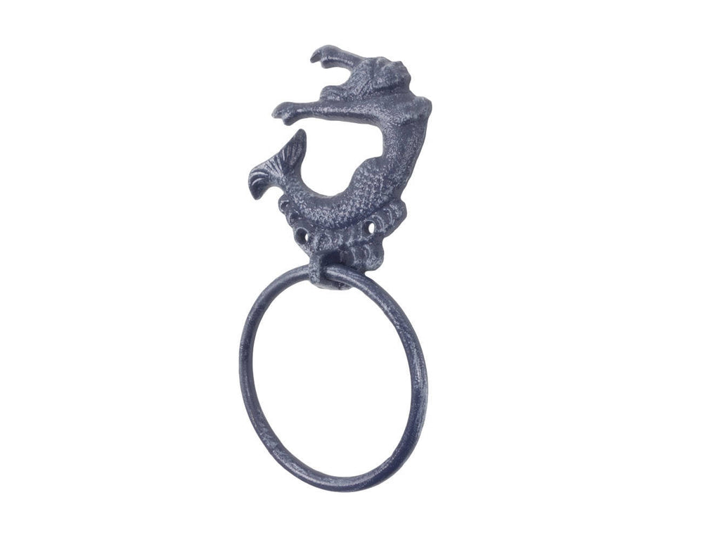 Rustic Dark Blue Cast Iron Arching Mermaid Towel Holder 9"