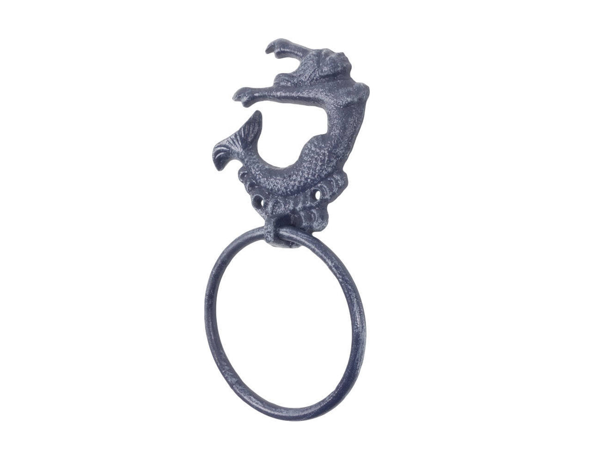 Rustic Dark Blue Cast Iron Arching Mermaid Towel Holder 9"