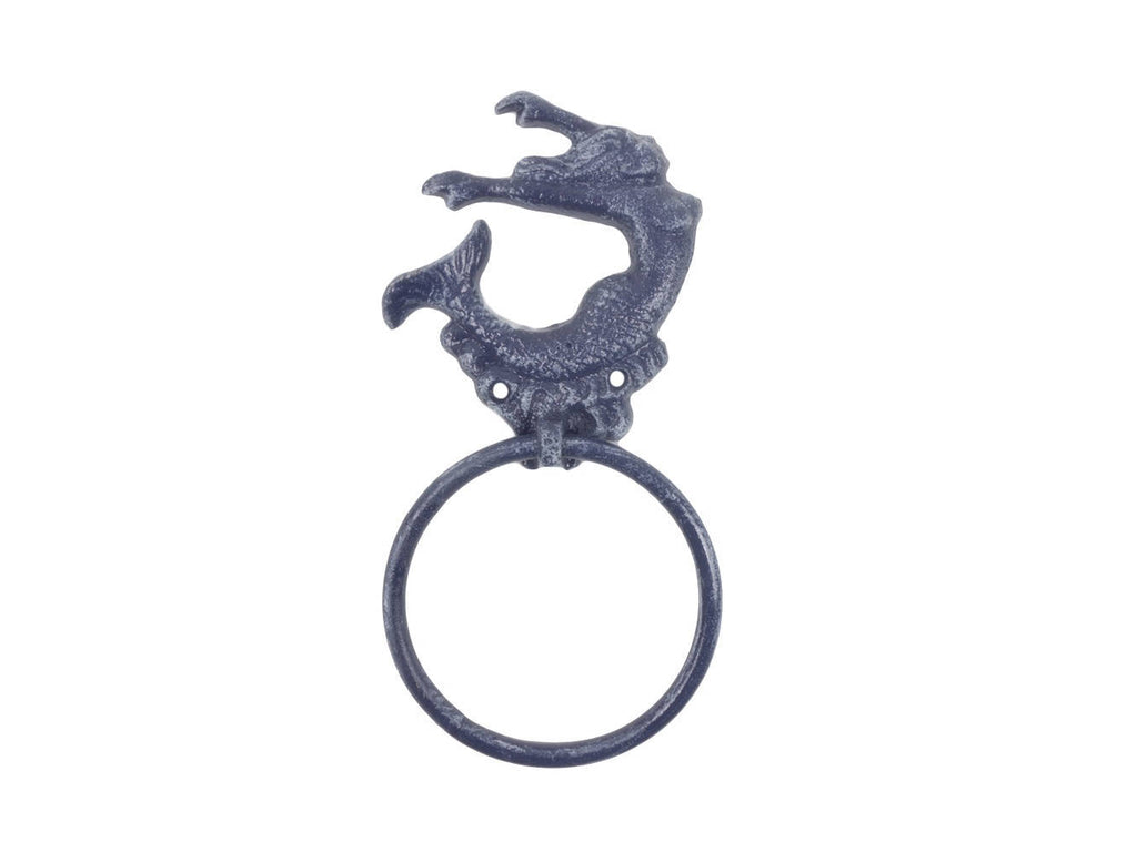 Rustic Dark Blue Cast Iron Arching Mermaid Towel Holder 9"