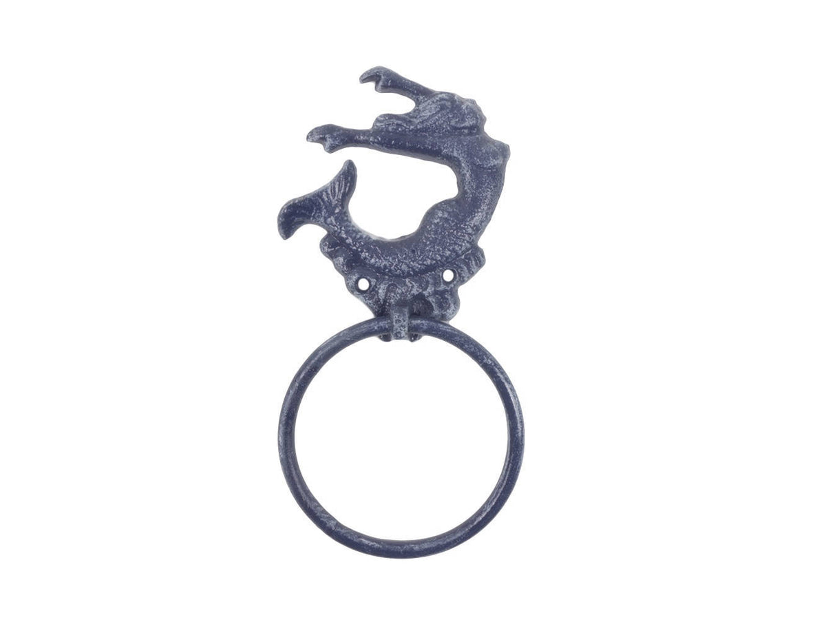 Rustic Dark Blue Cast Iron Arching Mermaid Towel Holder 9"