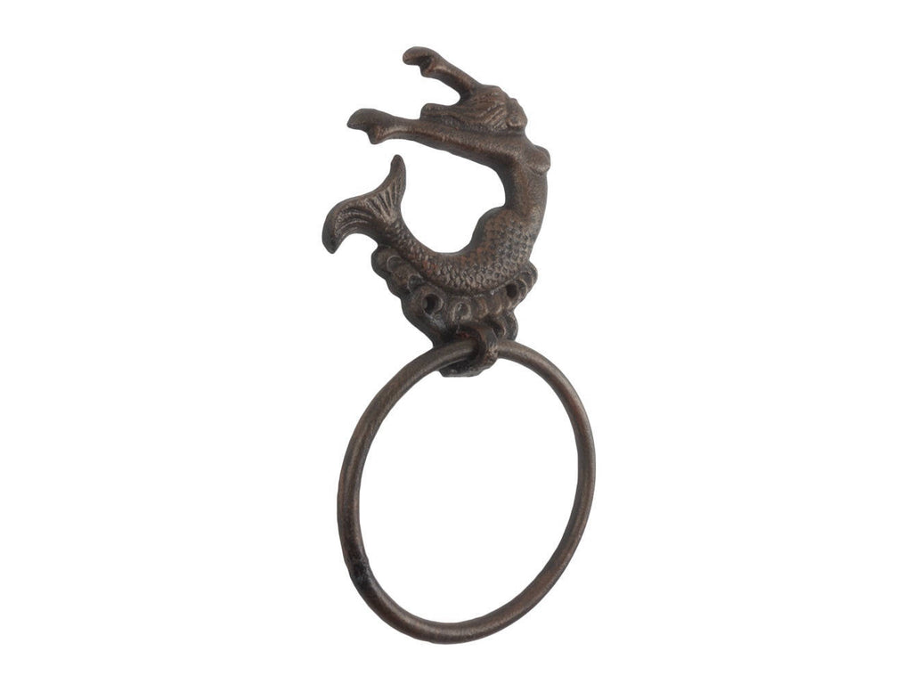 Rustic Copper Cast Iron Decorative Arching Mermaid Towel Holder 9"
