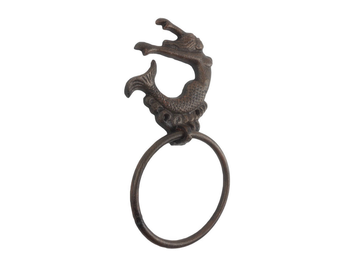 Rustic Copper Cast Iron Decorative Arching Mermaid Towel Holder 9"
