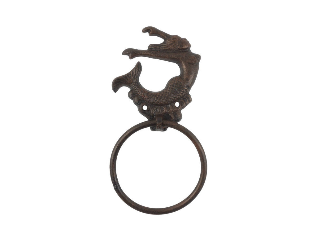 Rustic Copper Cast Iron Decorative Arching Mermaid Towel Holder 9"