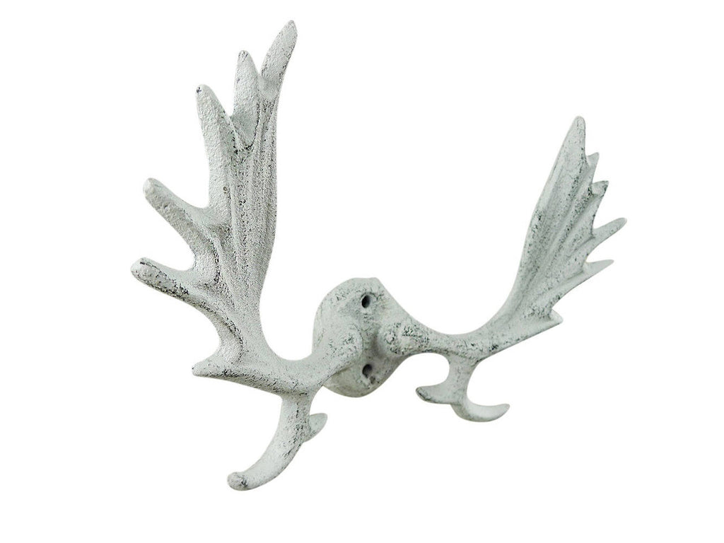 Whitewashed Cast Iron Moose Antler Decorative Metal Wall Hooks 8"