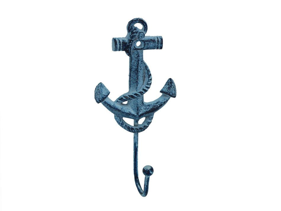 Rustic Dark Blue Whitewashed Cast Iron Anchor Hook 7"