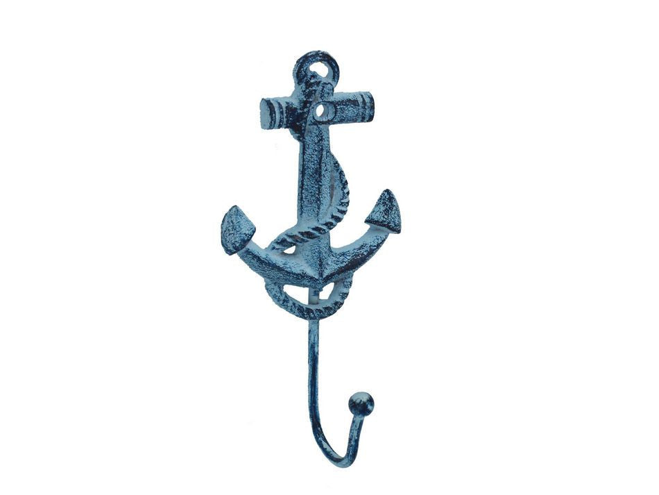 Rustic Dark Blue Whitewashed Cast Iron Anchor Hook 7"